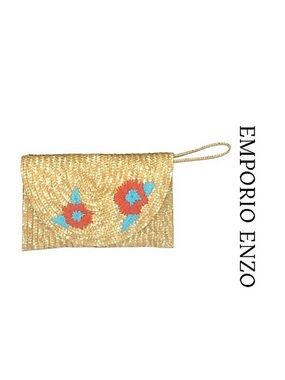 Emporio Enzo Large Woven Floral Accent Straw Magnetic Snap Wristlet Handbag NWOT
